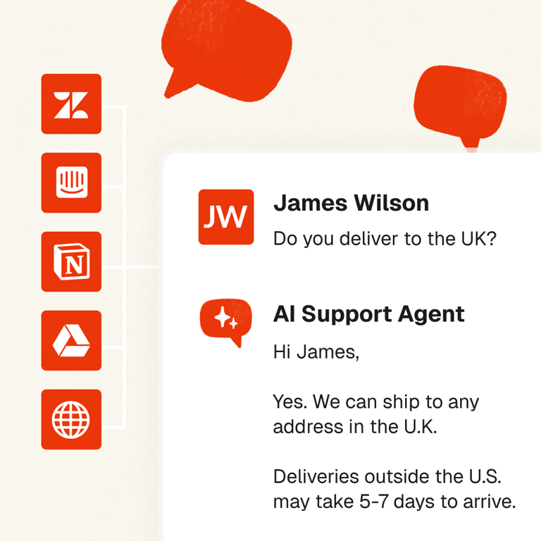 Instant chat replies powered by your knowledge, products, and past tickets