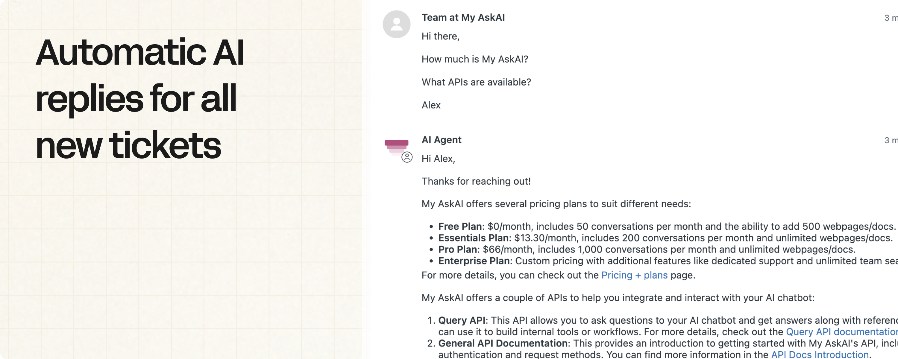 AI agent replying to all new cutsomer support Zendesk tickets